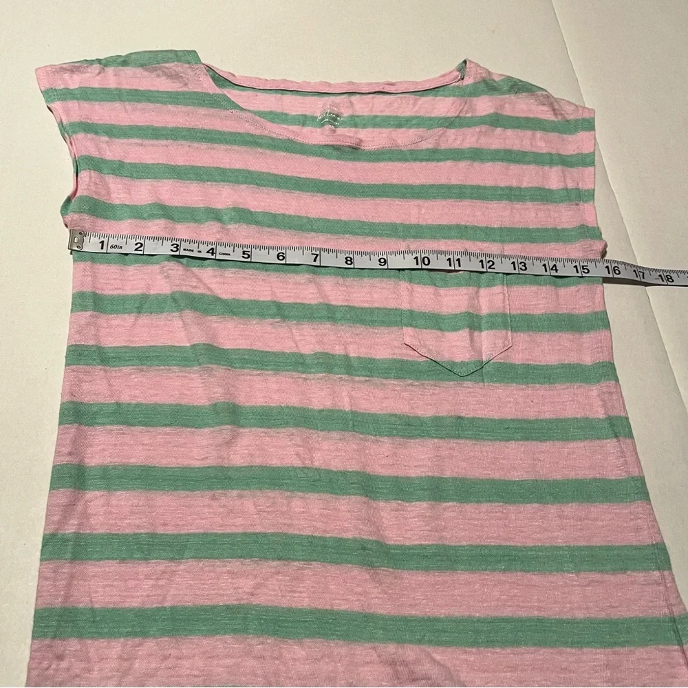 J. Crew Pink Green‎ Stripe 100% Linen Cap Sleeve Pocket Shirt Top Size XS *FLAW*